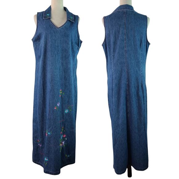Studio Ease Blue Denim Floral Embroidered Vintage   Maxi Jumper Dress 14 Large - Picture 1 of 6